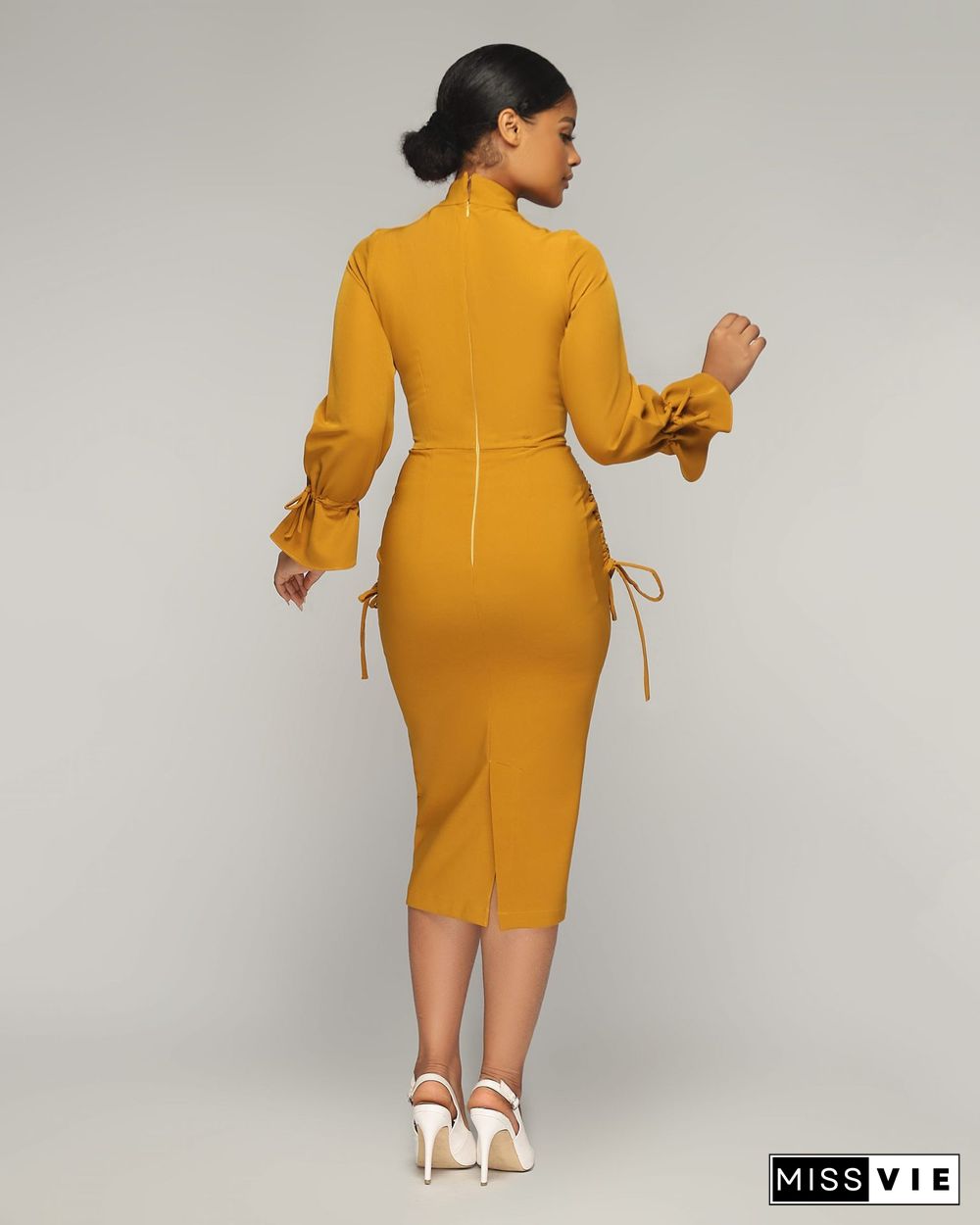 Flare Long Sleeve Drawstring Ruched Bodycon Dress