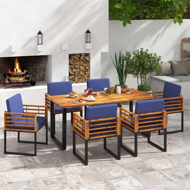 Costway 7pcs Patio Acacia Wood Dining Chair amp Table Set Heavy duty Space saving Outdoor