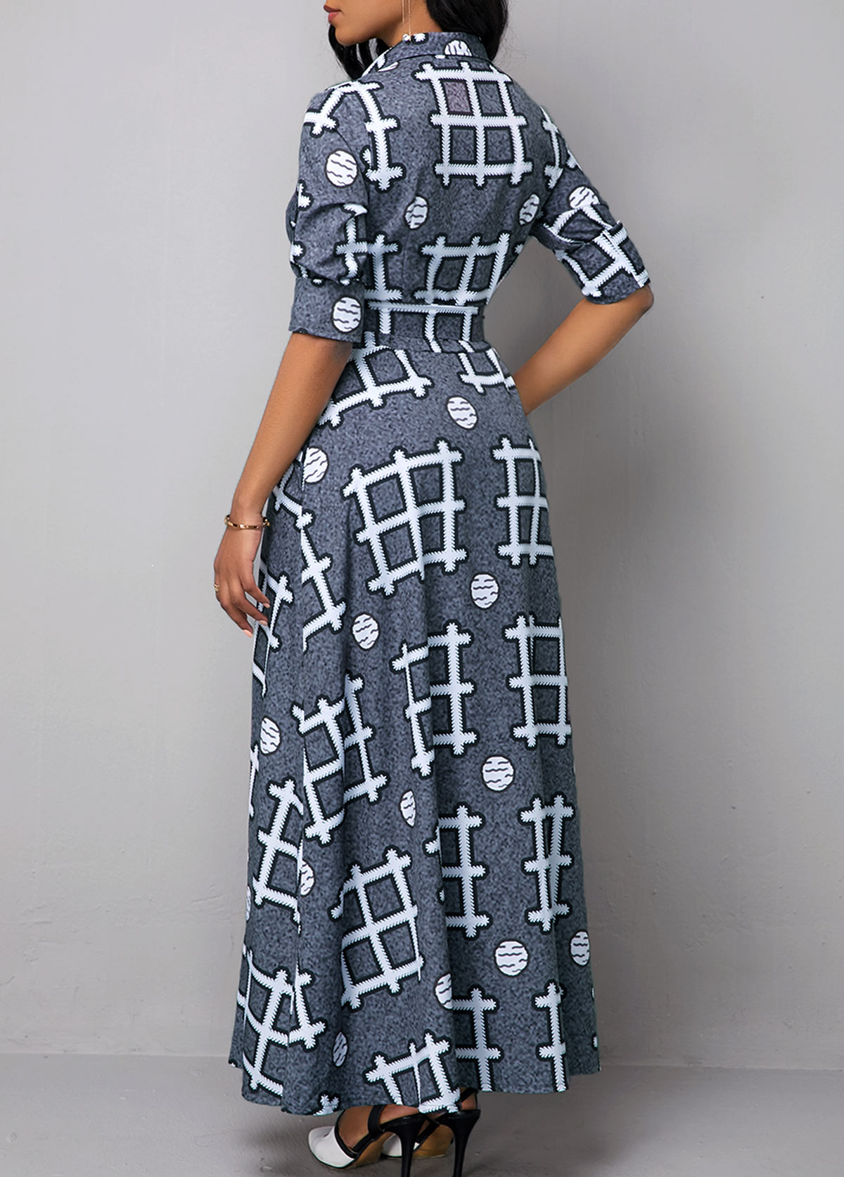 Turndown Collar Geometric Print Long Sleeve Dress