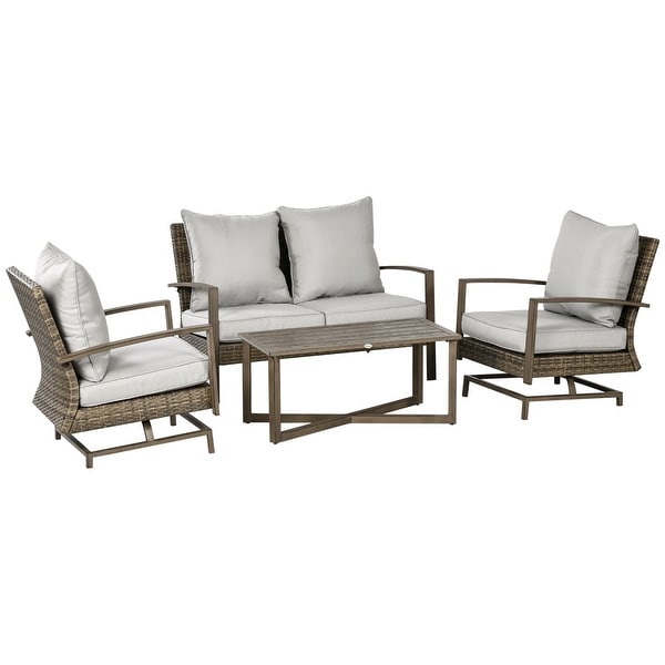 Outsunny 4 Piece Patio Furniture Set with Cushions，Outdoor Conversation Sets with Rattan Rocking Chair