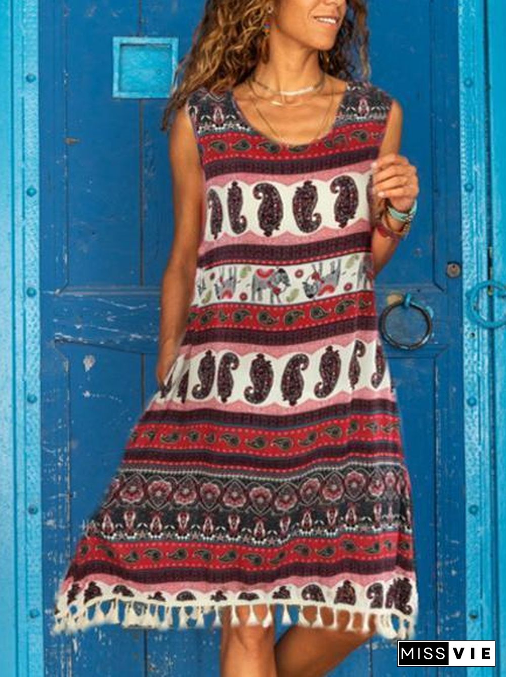 Round Neck Loose Print Sleeveless Dress