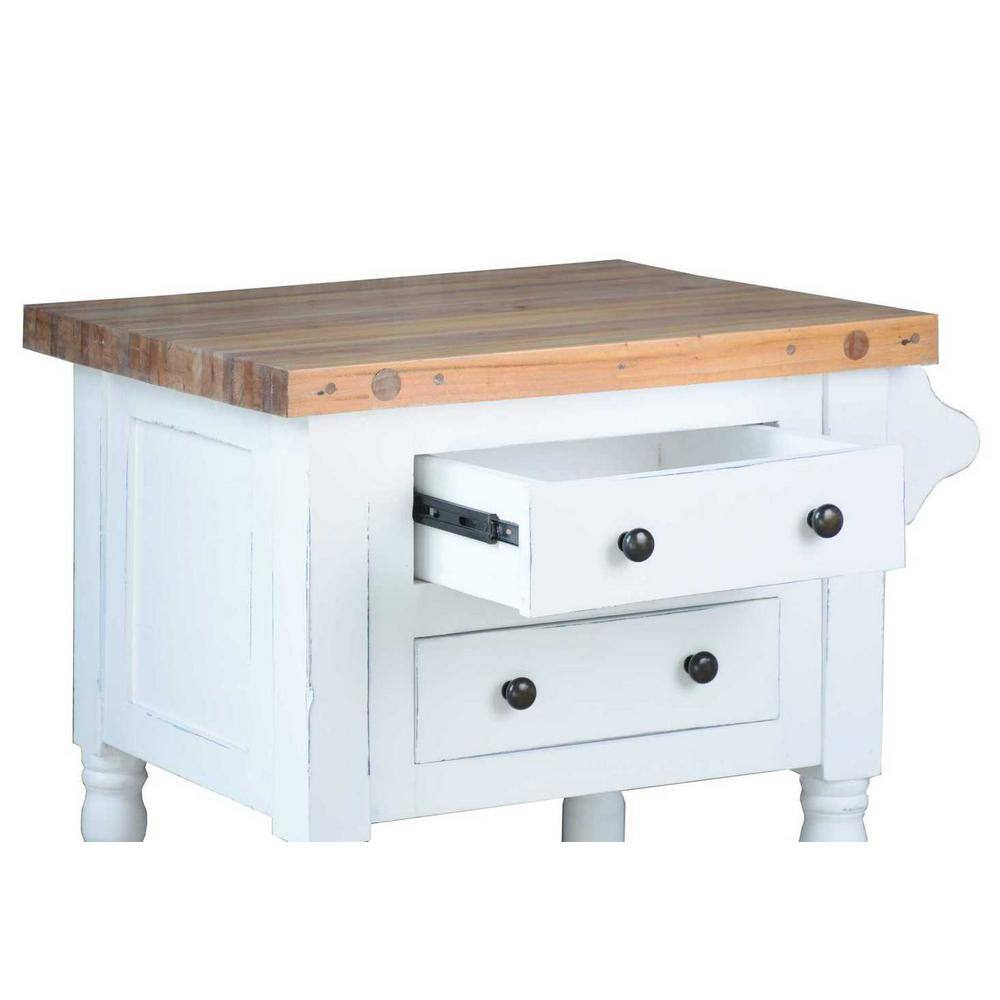 AndMakers Shabby Chic Cottage Distressed White and Salvage Brown Solid Wood 29.5 in. Kitchen Island with 2-Drawers and Towel Rack BH-TAB814TLDWWS