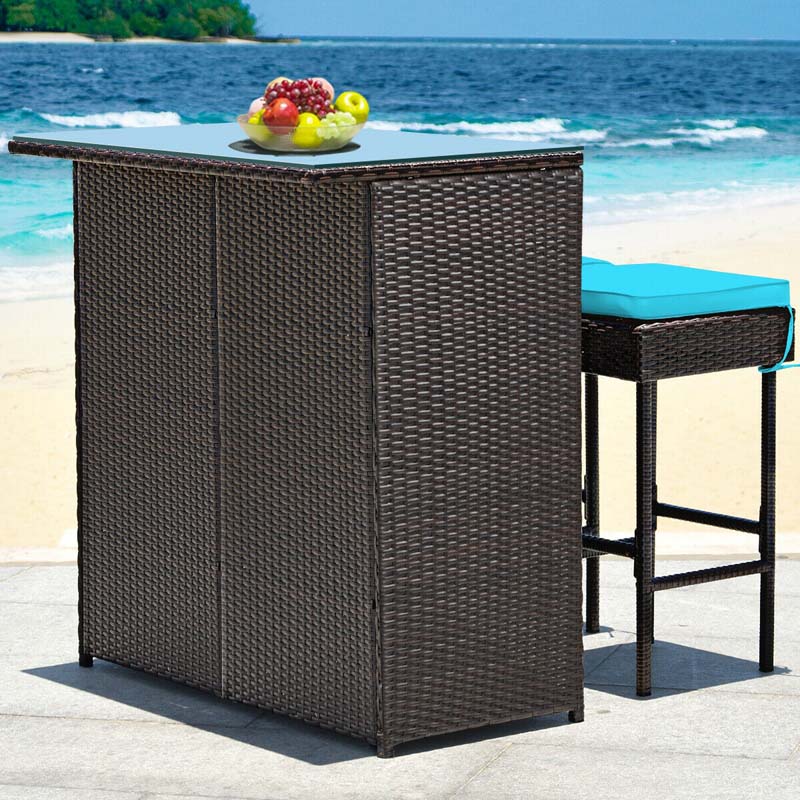 3 Pcs Rattan Patio Bar Dining Set Outdoor Counter Height Table Set with Cushioned Stools & Glass Top Table