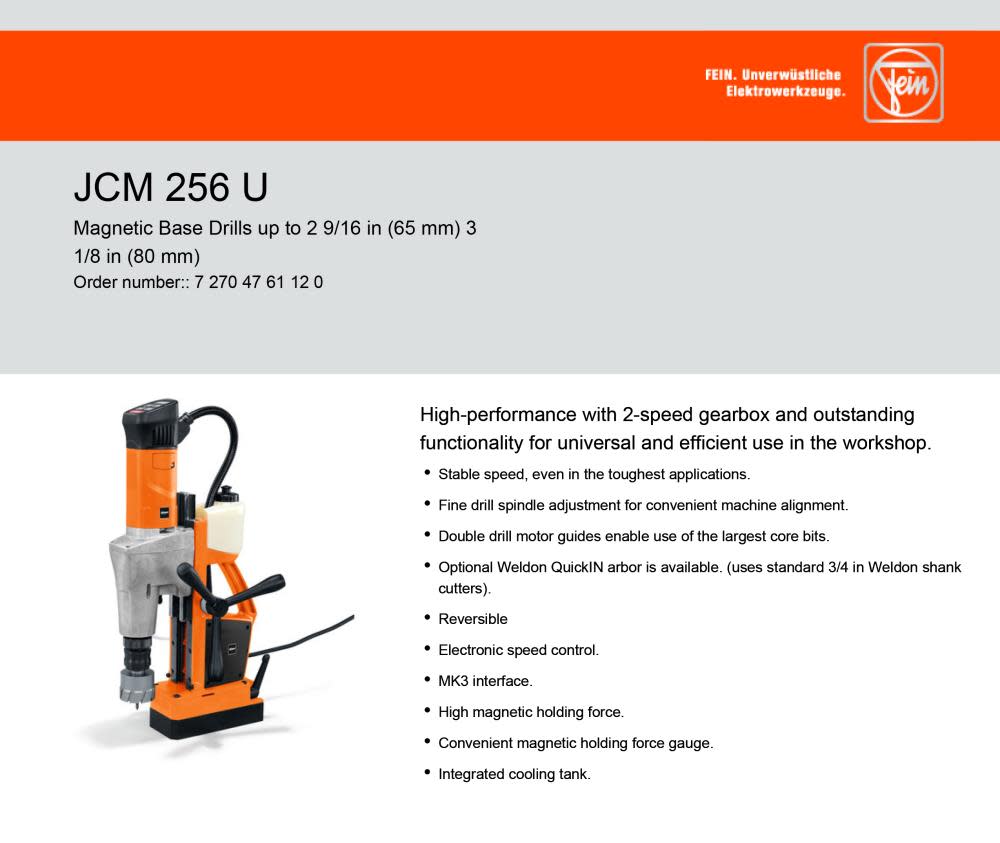 JCM 256U SLUGGER Magnetic Drill 2.5625 In. Capacity ;