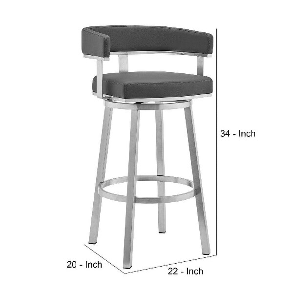 Swivel Barstool with Curved Open Back and Metal Frame， Gray and Silver - 20 L X 22 W X 34 H Inches