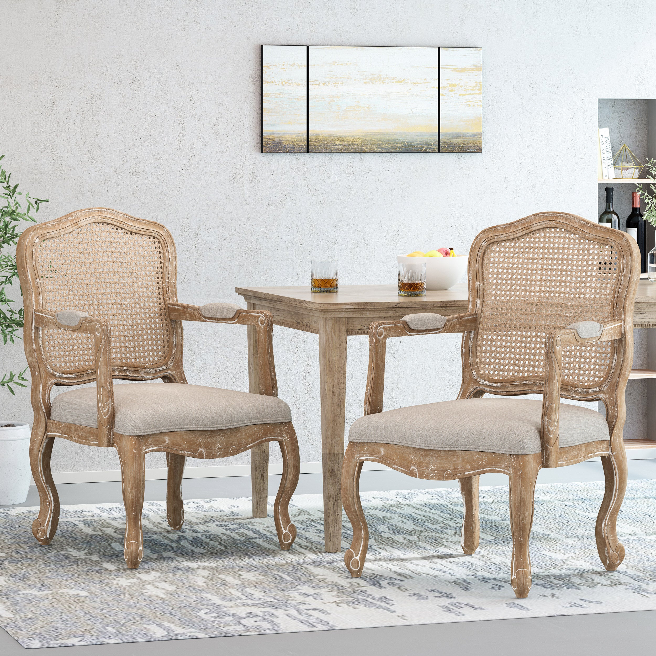 Biorn French Country Wood and Cane Upholstered Dining Armchair