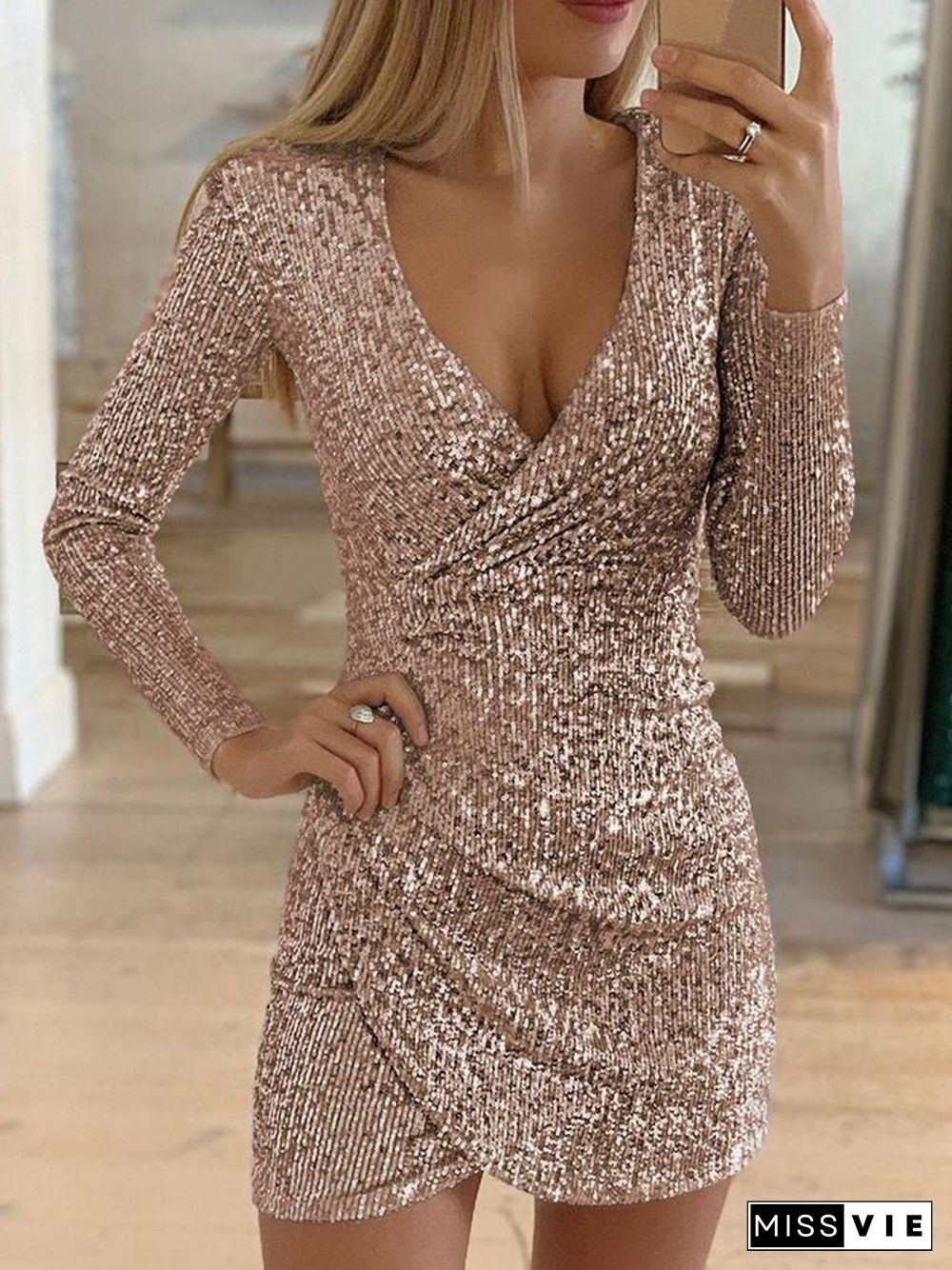 Surplice Wrap Ruched Sequins Bodycon Dress P15728