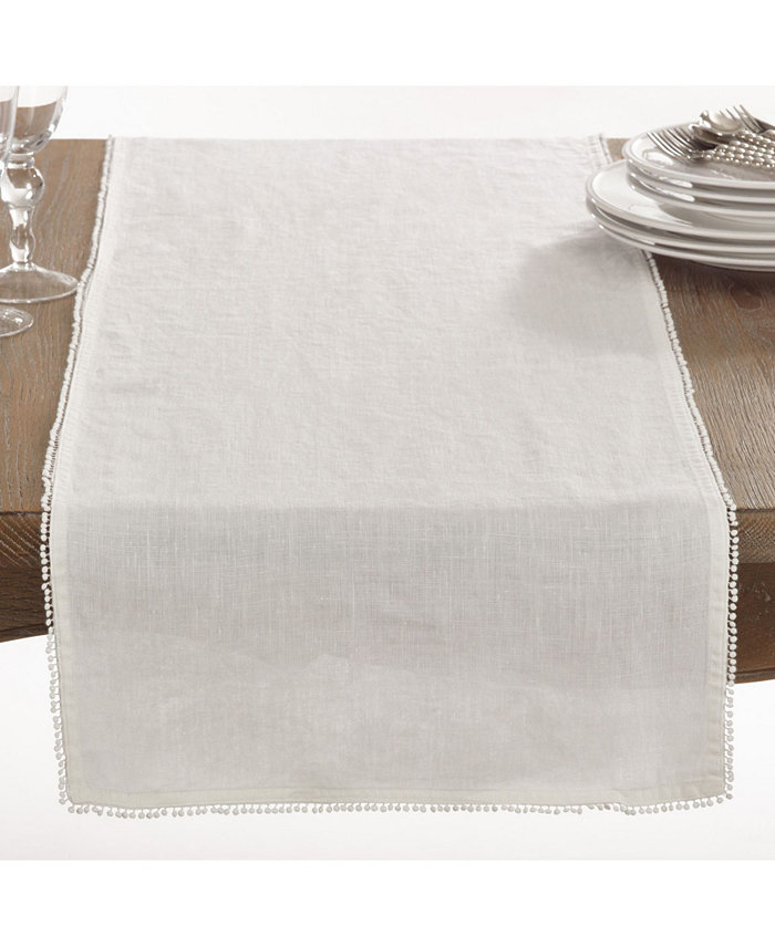 Saro Lifestyle Pom Pom Design Linen Dining Room Table Runner