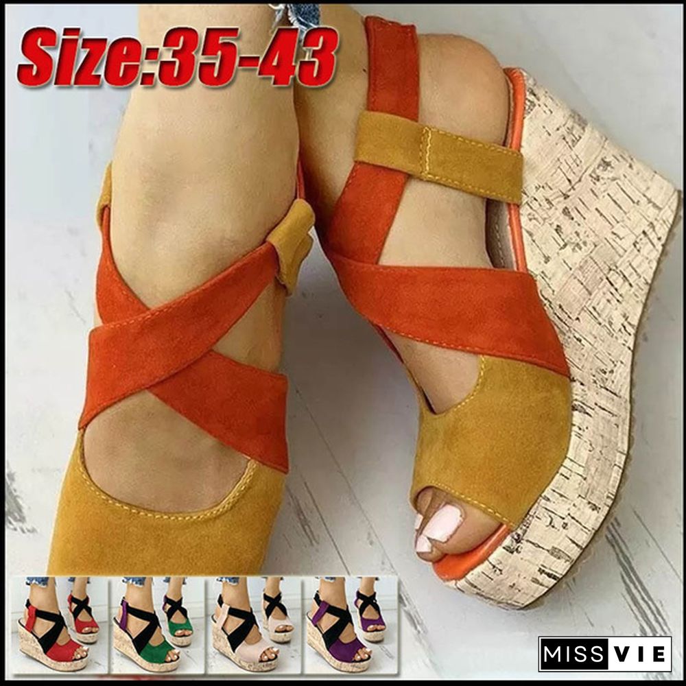 Summer New Fashion Sandals Women Wedge Heel Platform Shoes Cross Strap Sandals Retro Shoes Plus Size 35-43