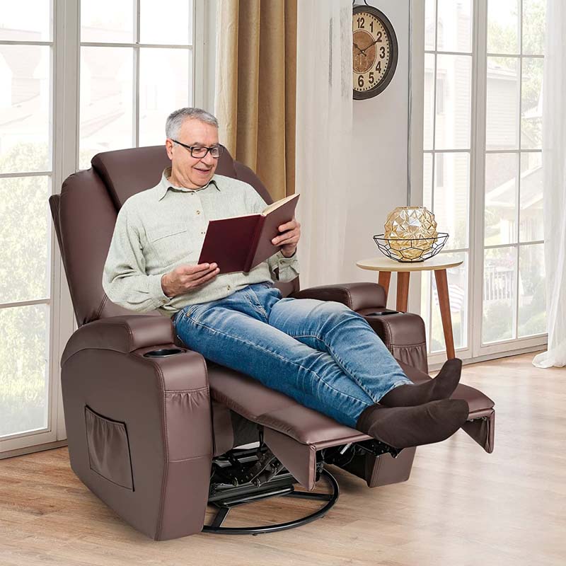 Leather Massage Recliner Chair 360 Degree Swivel Glider Rocker with Lumbar Heating & Remote Control