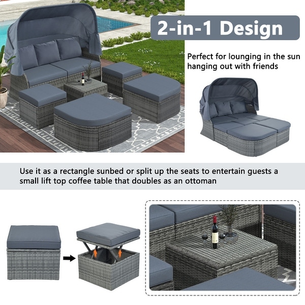 6Piece Outdoor Daybed Set with Retractable Canopy and Conversation Area