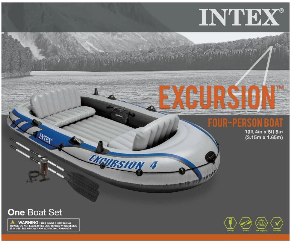 Intex Excursion 4-Person Inflatable Boat Set with Aluminum Oars and High Output Air Pump