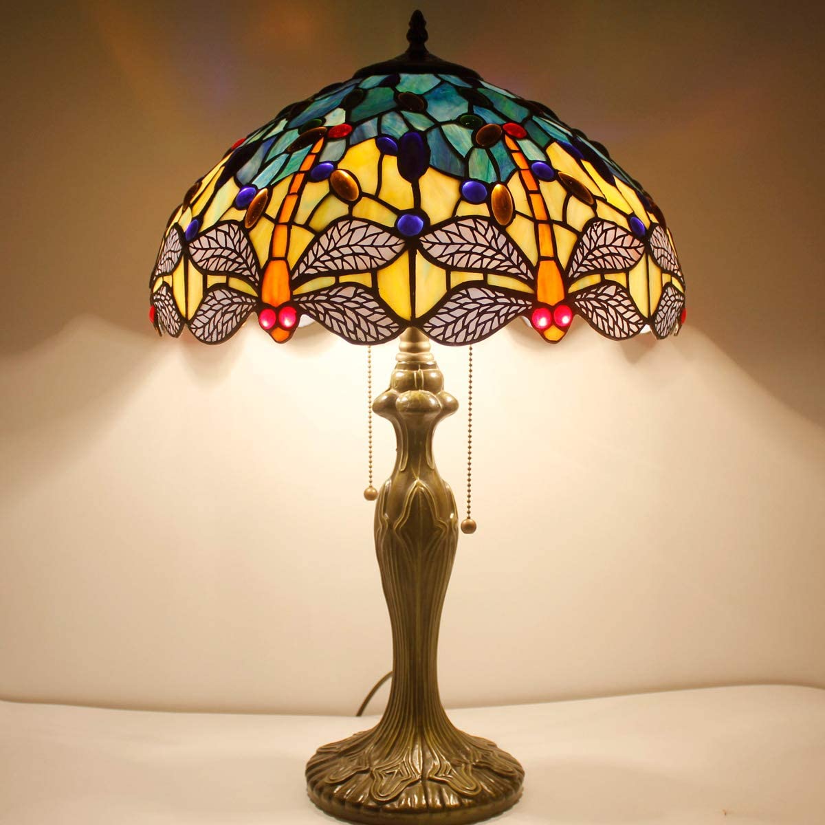 GEDUBIUBOO Tiffany Lamp Stained Glass Bedside Table Lamp Navy Blue Yellow Turquoise Dragonfly 16X16X24 Inch Desk Light Metal Base Decor Bedroom Living Room  Office S128 Series