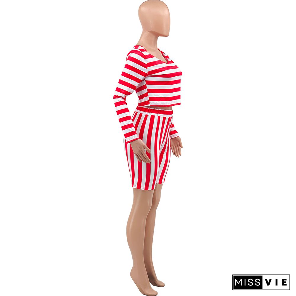 Striped Long Sleeve Crop Top and Shorts Plus Size Sets