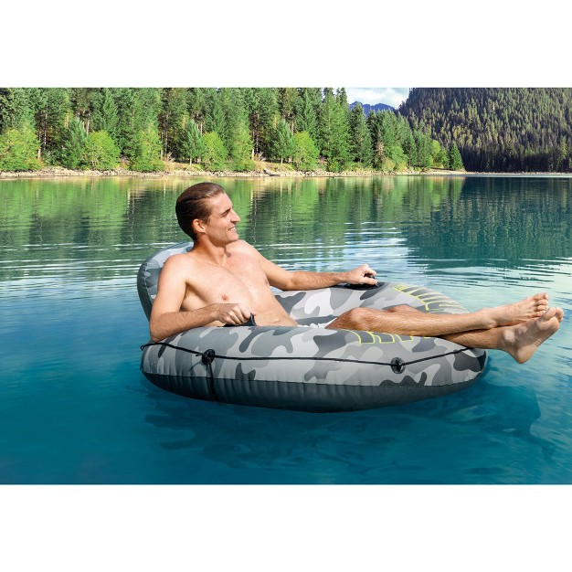 Intex 56835ep River Run I Camo Inflatable Floating Towable Water Tube Raft With Cup Holders And Handles For River Lake Or Pools Gray Camo