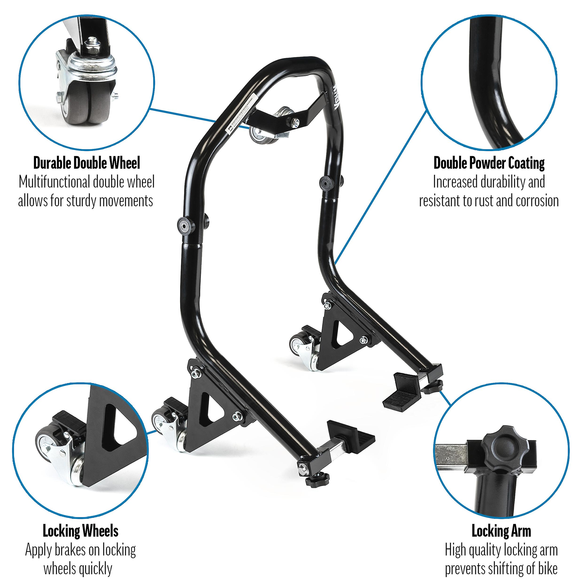 Motorcycle Lift Stand w/ Dolly Wheels， Black， Rear Paddle Lift Attachments， Compatible with 2009-2010 Kawasaki ER-6N