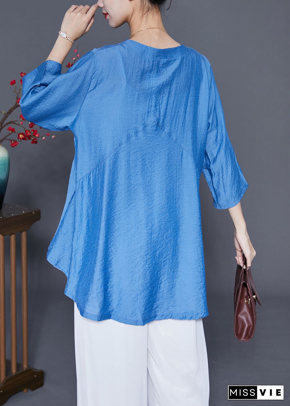 Blue Patchwork Silk Blouse Top Oversized Bracelet Sleeve