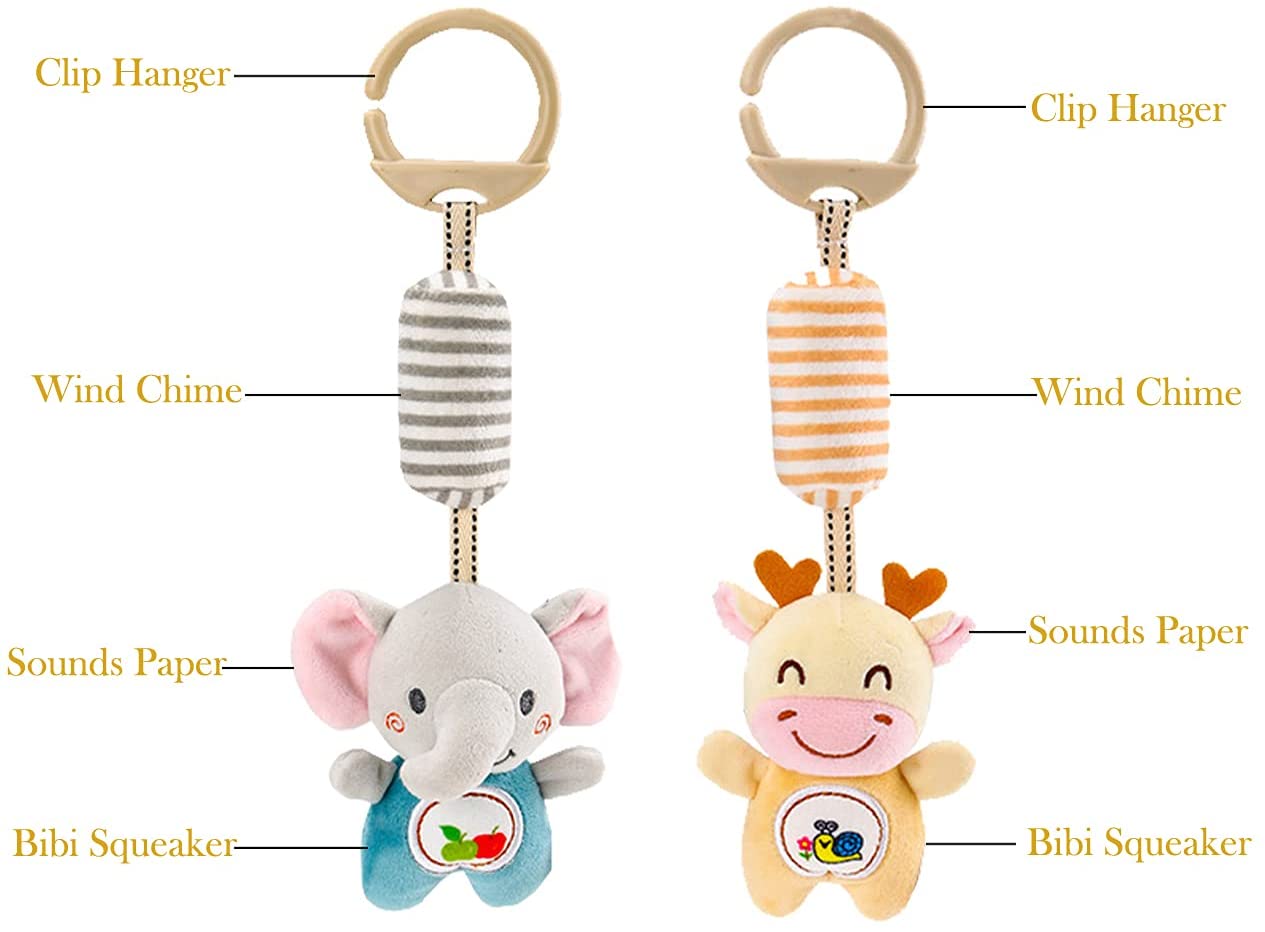 2 Packs Baby Rattles Wind Chime Toys， Hanging Stroller Toys Car Seat Toy for Baby Infant 0-36 Months， Elephant and Giraffe Clip Hanging Plush Squeeze Toys