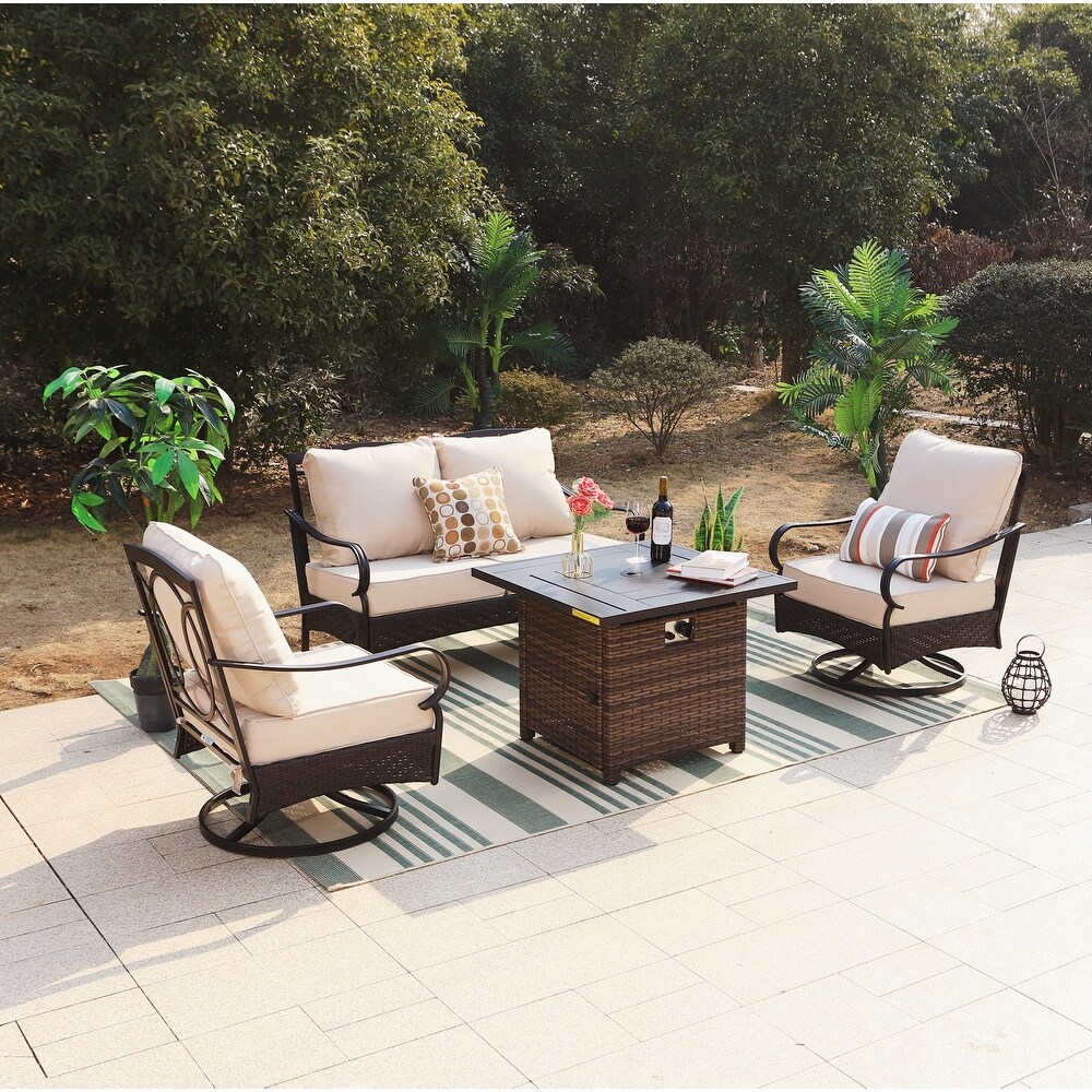 Wicker Patio Conversation Set with Gas Fire Pit Table