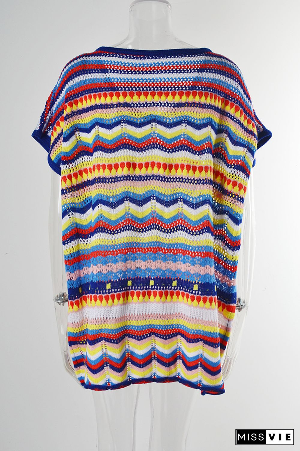 V Neck Multicolor Hollow Out Knit Cover Up Beach Dress