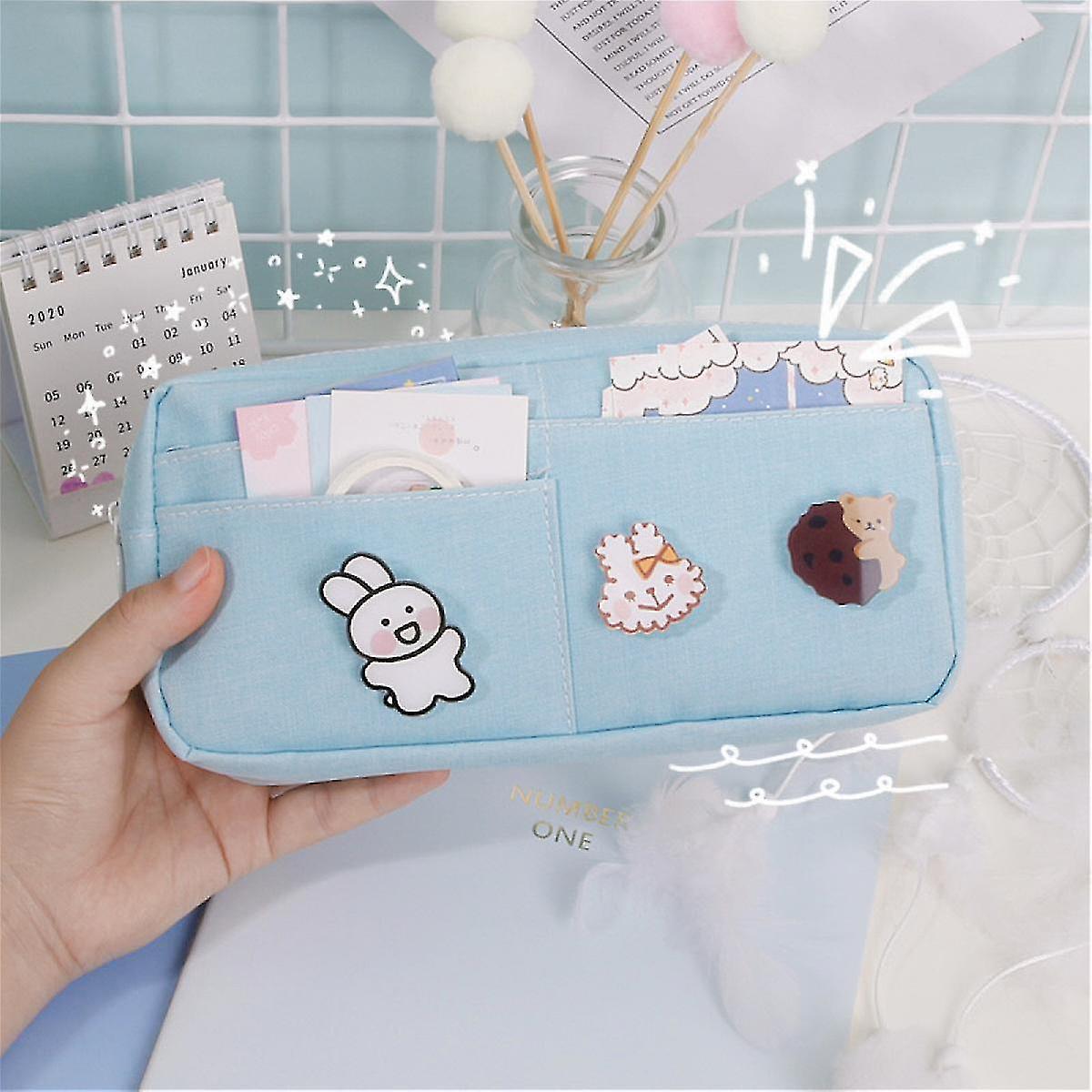 Veeki Pencil Case With 3pcs Pins Aesthetic Pencil Case Kawaii Stationary Kawaii School Supplies - Pencil Case Holder Stationary Storage Organiser  (bl