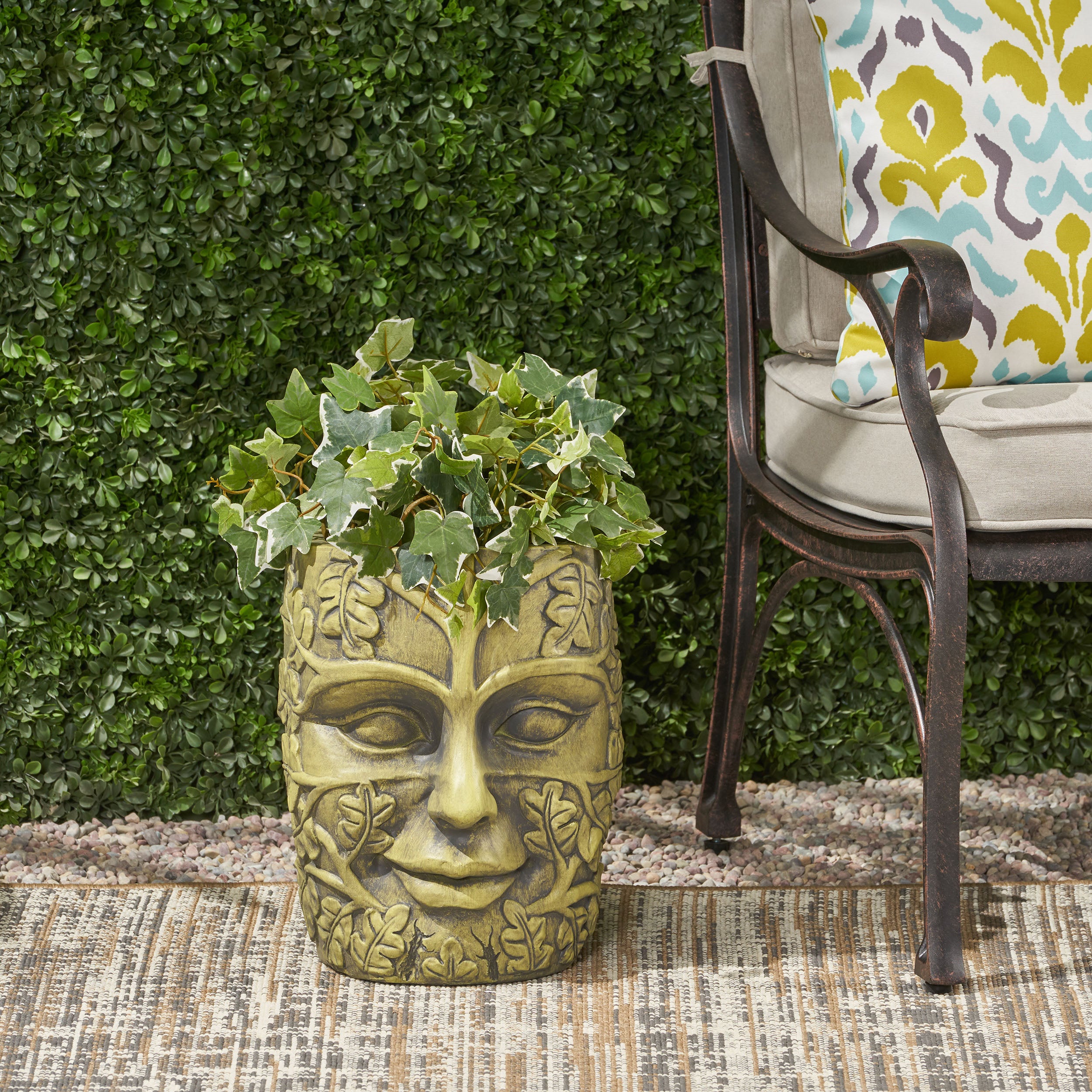 Elliott Outdoor Green Man Tiki Urn, Antique Green Finish