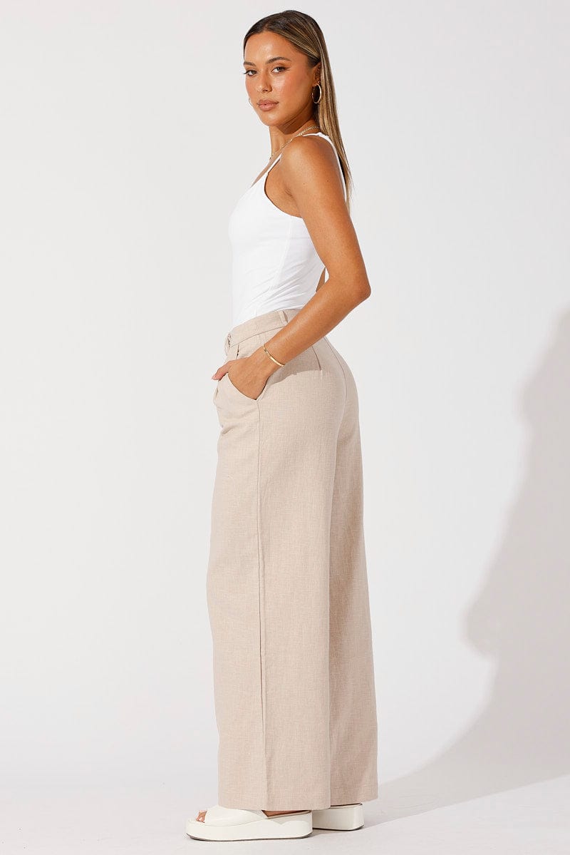 Beige Wide Leg Pants High Rise Tailored