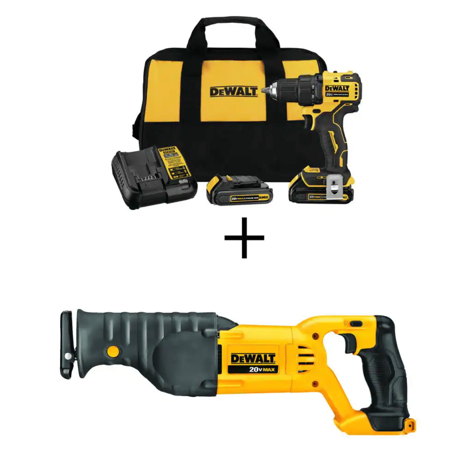 Dewalt Atomic 20V Max Cordless Brushless Compact 1/2 in. Drill/Driver， (2) 20-Volt 1.3Ah Batteries and Reciprocating Saw (DCD708C2WCS380B)