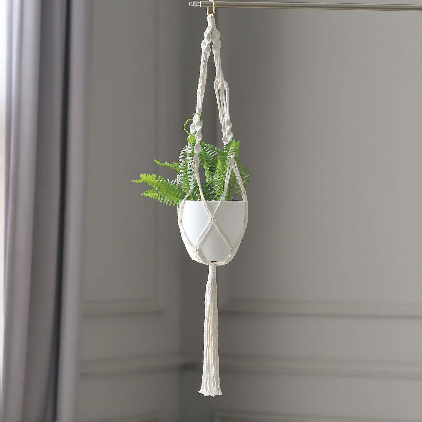 2 Pack Ivory Macrame Indoor Hanging Planter Basket Cotton Ropes, Decorative Flower Pot Holder With Tassel, Boho Chic Home Decor