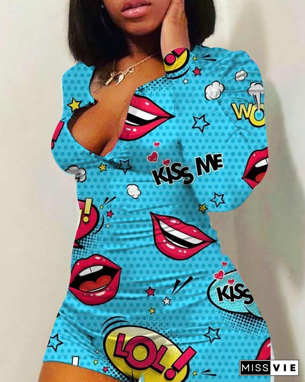 Lip Cartoon Print Plunge Romper P13274