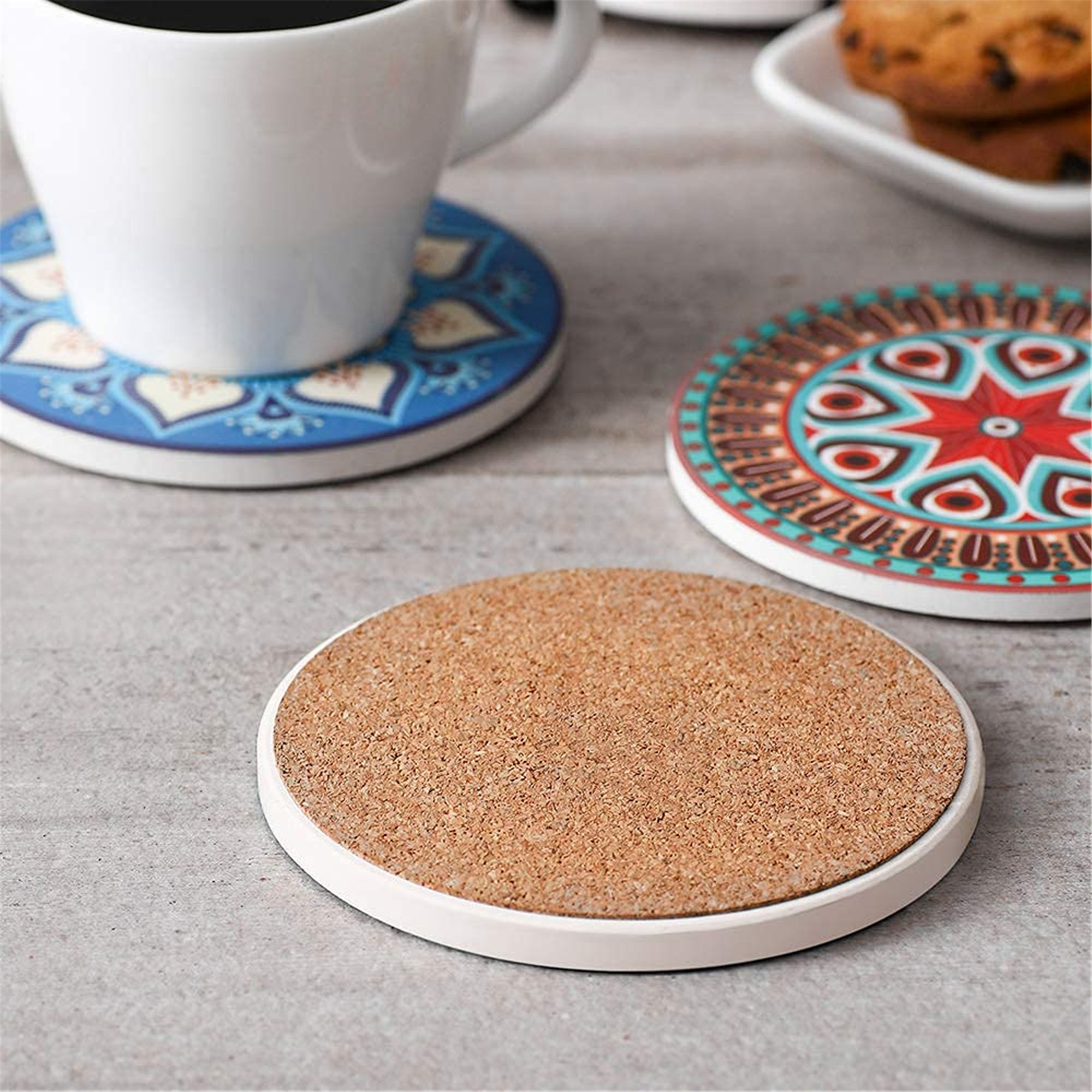 Patiofeel 8 Packs Absorbent Drink Coaster Sets， Mandala Style Ceramic Coasters with Holder， 4 Inches Coasters for Drinks with Cork Base，Ideal Thanksgiving and Housewarming Gifts