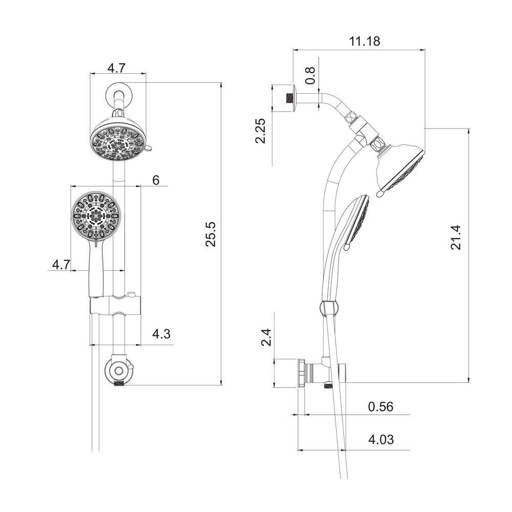 Logmey 7-Spray Patterns with 1.8 GPM 5 in. Wall Mount Dual Shower Heads with Hose and Shower Arm in Brushed LM-701SS