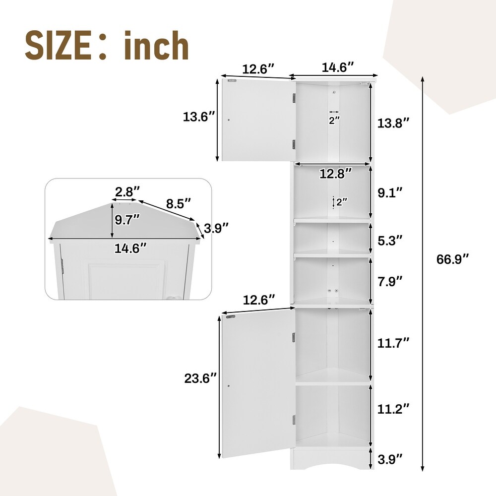 Tall Triangle Corner Storage Cabinet with Open Shelves and 2 Cabinet  Cabinets with Adjustable Shelf  Door and Knobs