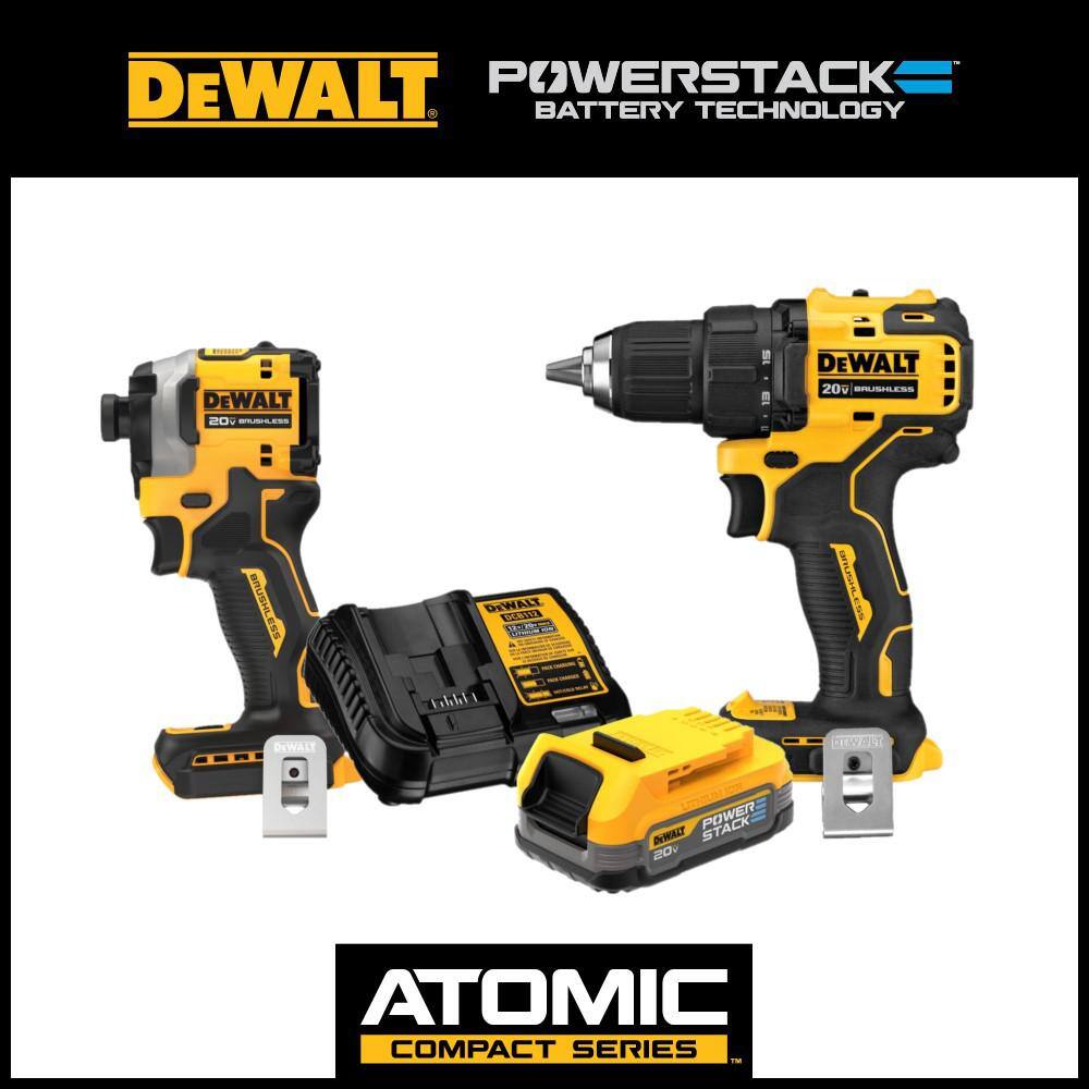 DW ATOMIC 20V Brushless Cordless Compact 12 in. DrillDriver 20V Impact Driver and 20V POWERSTACK Battery Starter Kit DCD708BW850034C