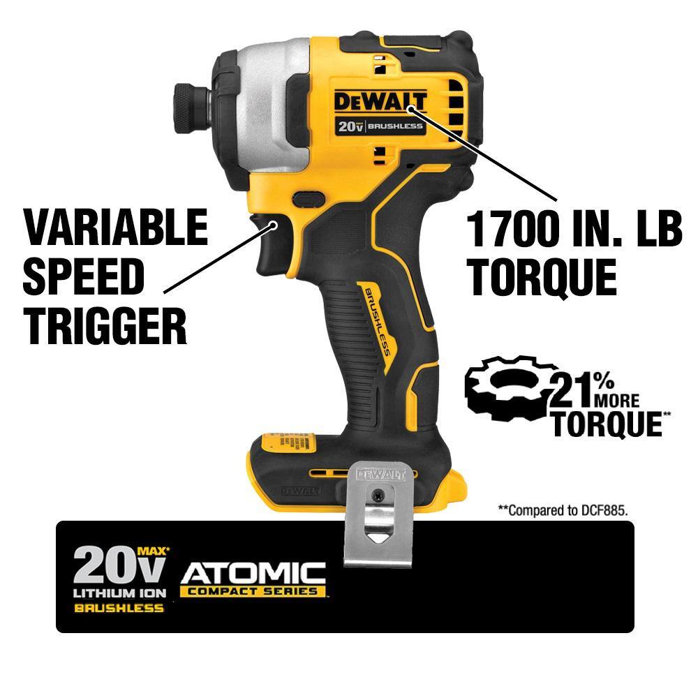 DW ATOMIC 20V MAX Cordless Brushless Compact 14 in. Impact Driver Kit and ATOMIC 20V Brushless Compact Recip Saw DCF809C2W369B