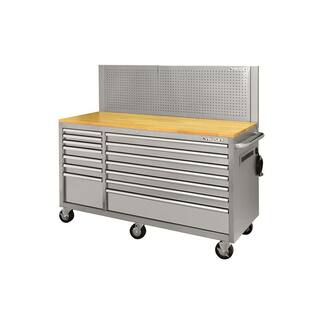 Husky 62 in. W x 24 in. D Standard Duty 14-Drawer Mobile Workbench Tool Chest with Solid Top and Pegboard in Stainless Steel HOTC6214JX2M