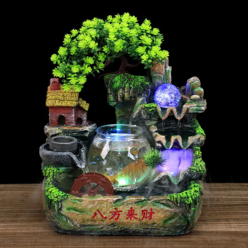 Chinese Style Resin Rockery Waterfall Indoor Mini Tabletop Water Fountain Flowing Water Decor With Fish Tank