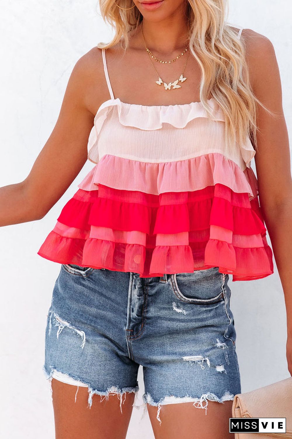 Red Gradient Ruffle Tiered Spaghetti Straps Tank Top