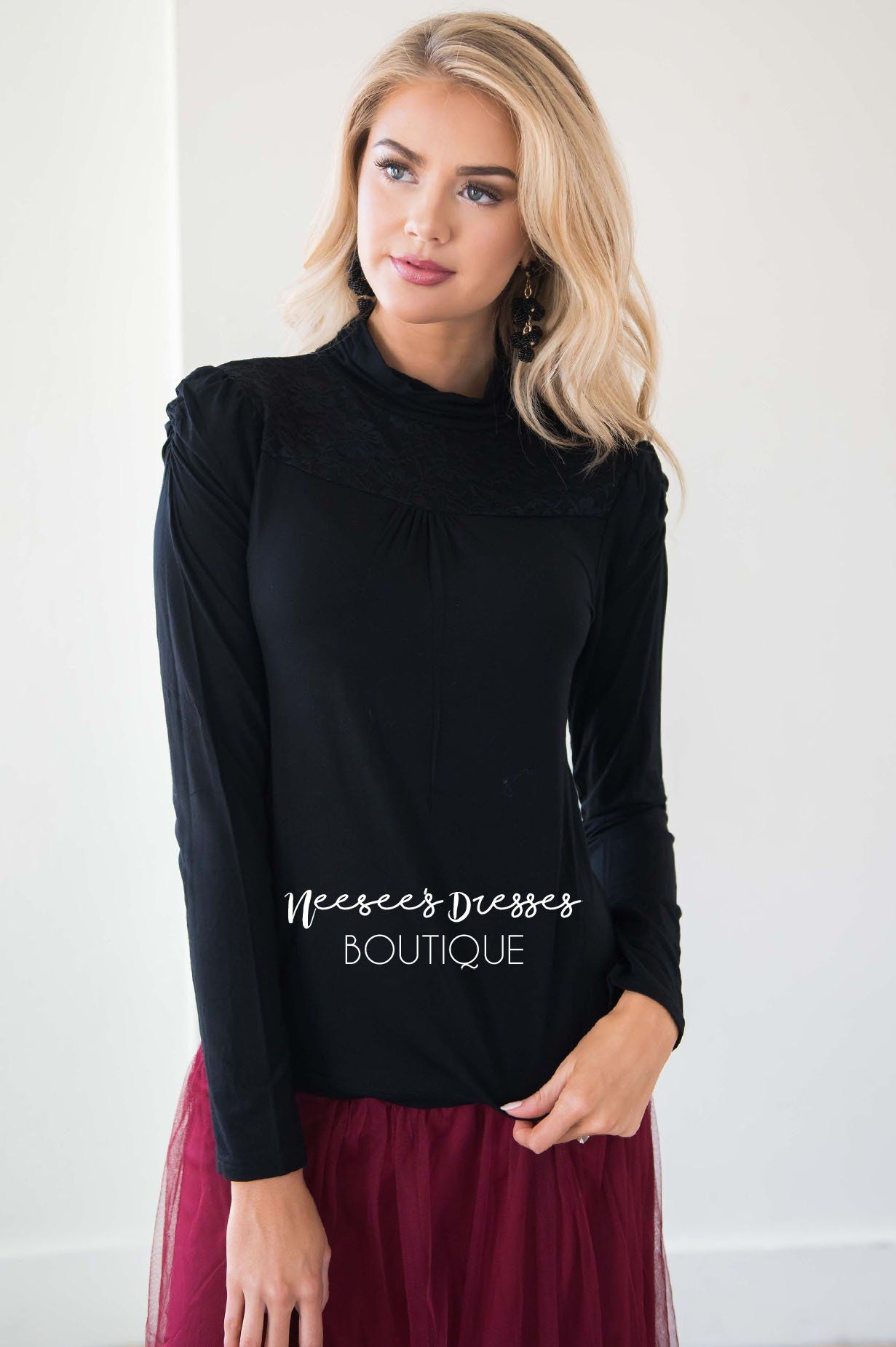 Turtle Neck Lace Yoke Long Sleeve Top