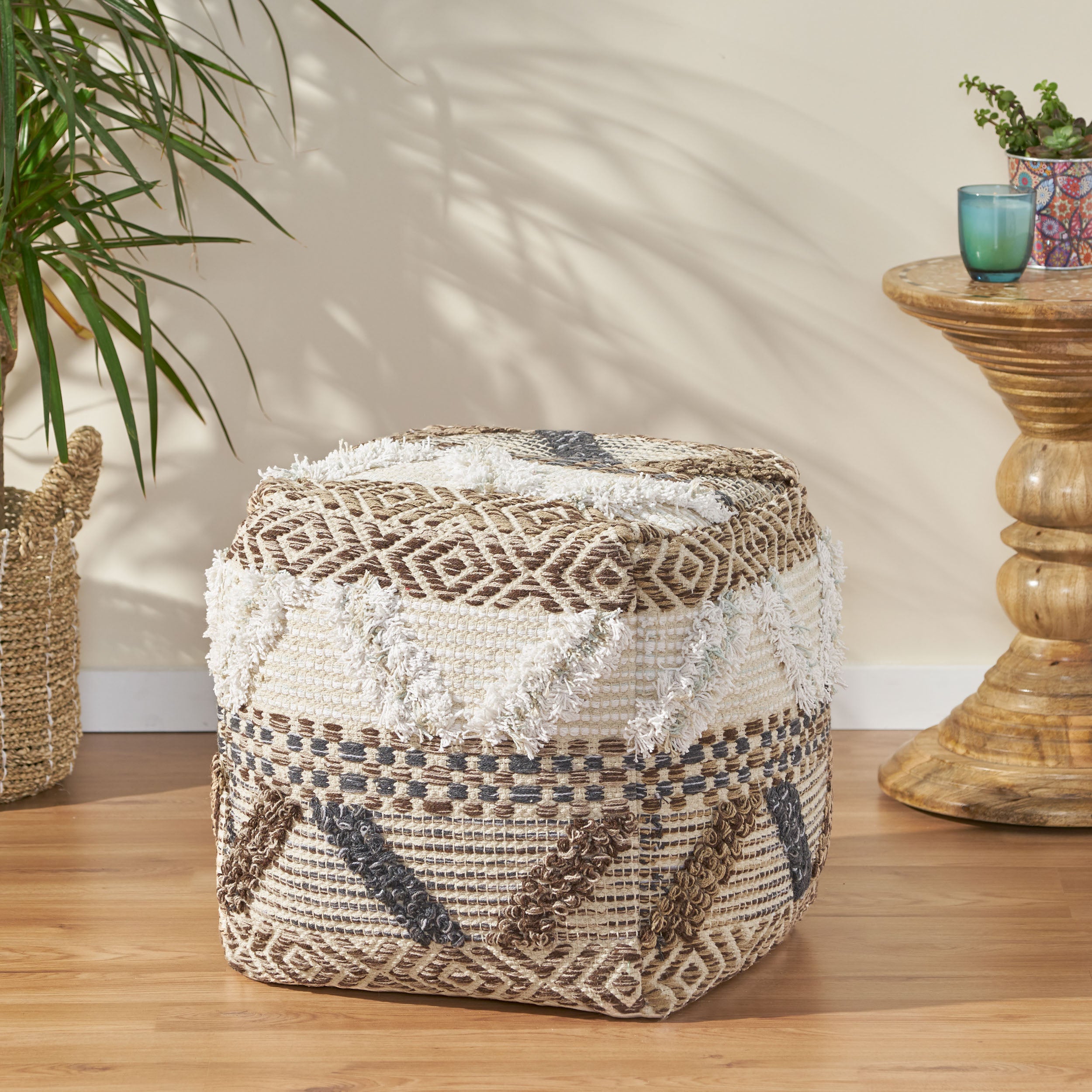 Camillo Boho Fabric Cube Pouf