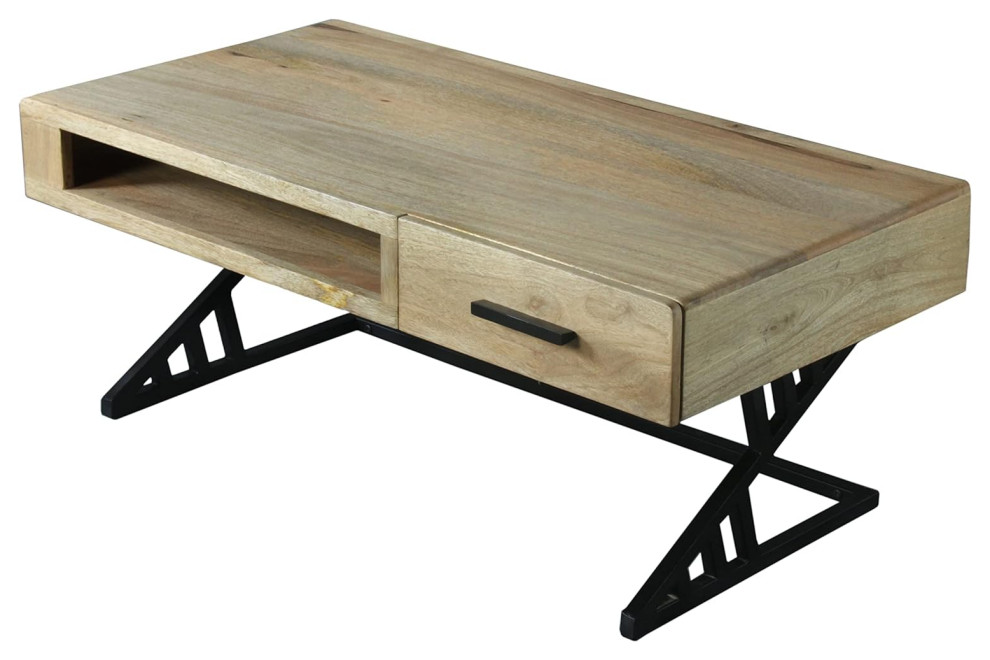 Industrial Coffee Table  Black Metal Base With Hardwood Top  ampOpen Shelf  Gray   Industrial   Coffee Tables   by Decor Love  Houzz