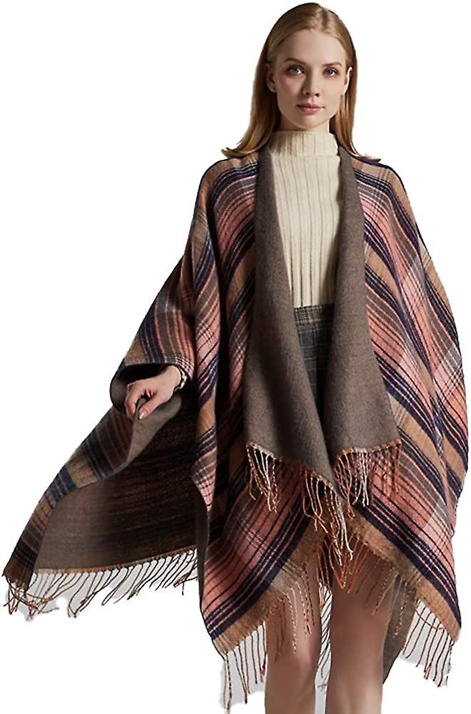 Women's Tassel Plaid Poncho Pashmina Shawl Wrap Cape Sweater Pink Blue -