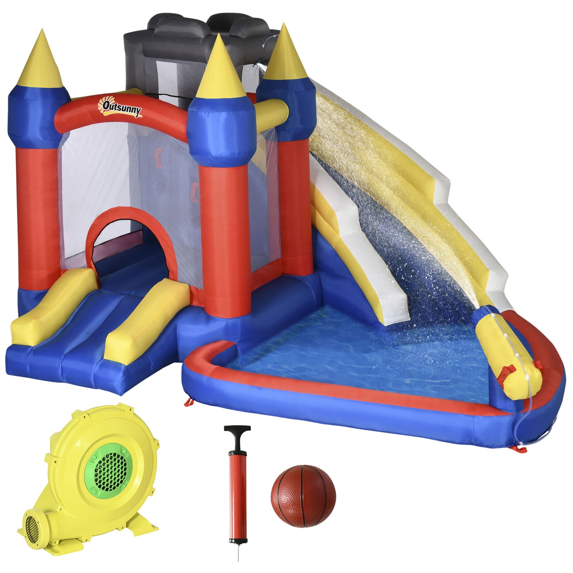 Outsunny 6-in-1 Inflatable Water Slide, Kids Castle Bounce House with Slide, Trampoline, Basket Hoop, Pool, Cannon, Climbing Wall Includes Carry Bag, Repair Patches, Basketball, 680W Air Blower