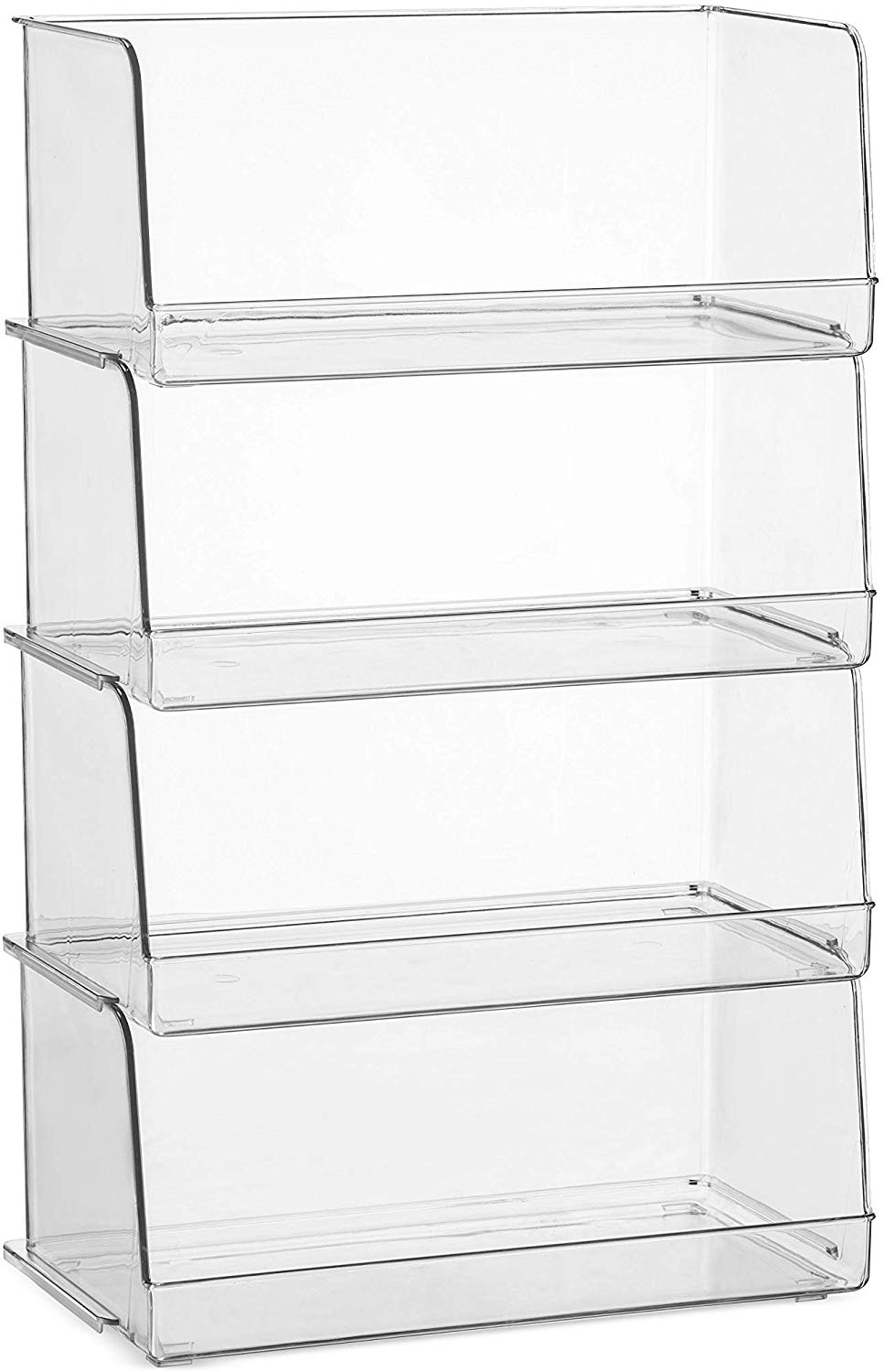 Set Of 4 Clear Pantry Organizer Bins Stackable Household Plastic Food Storage Basket with Wide Open Front for Kitchen， Countertops， Cabinets， Refrigerator， Freezer， Bedrooms， Bathrooms - 12 Wide