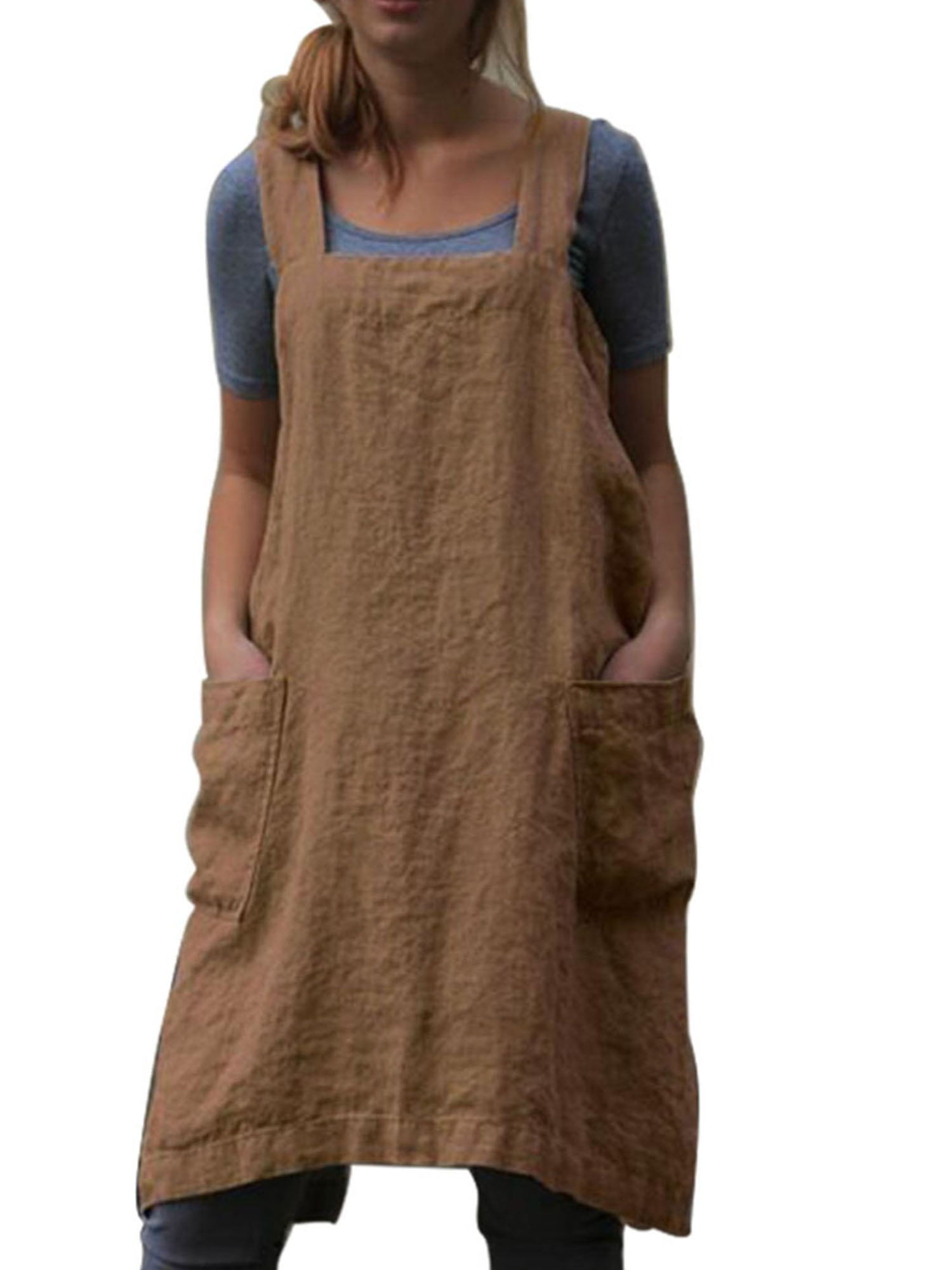 Japanese Cross Back Apron with Handy Pockets Cotton Linen Pinafore Apron for Cooking Cleaning Gardening