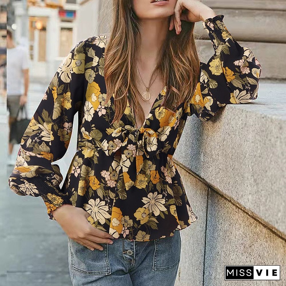 Women Casual V Neck Full Sleeved Top Holiday Printed Retro Spring Shirt Blouse Plus Size