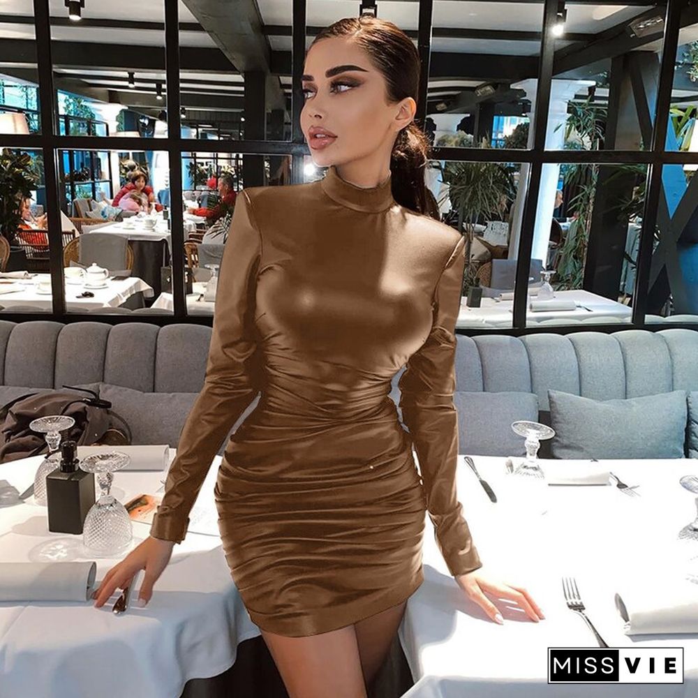 Pu Leather Mini Dress Ruched Turtleneck Long Sleeve Bodycon Bandage Sexy Streetwear Party Elegant Autumn Winter Club