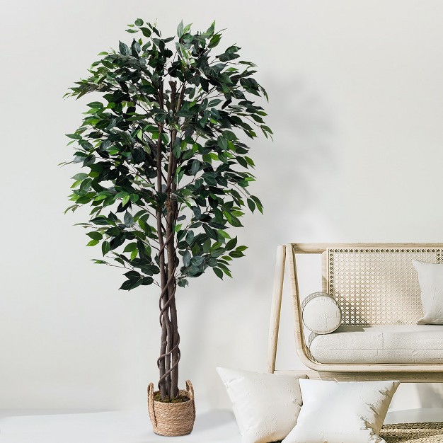 Artificial Ficus Silk Tree In Wicker Basket， Indoor Artificial Plant For Home Decor