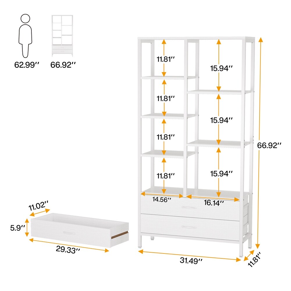 Tall Bookcase with Drawers  Industrial Bookshelves with Storage   31.49'' W x 11.81'' D x 66.92'' H