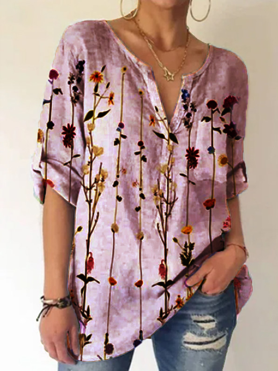 Ladies V-neck Floral Print Fashion Short-sleeved Blouse